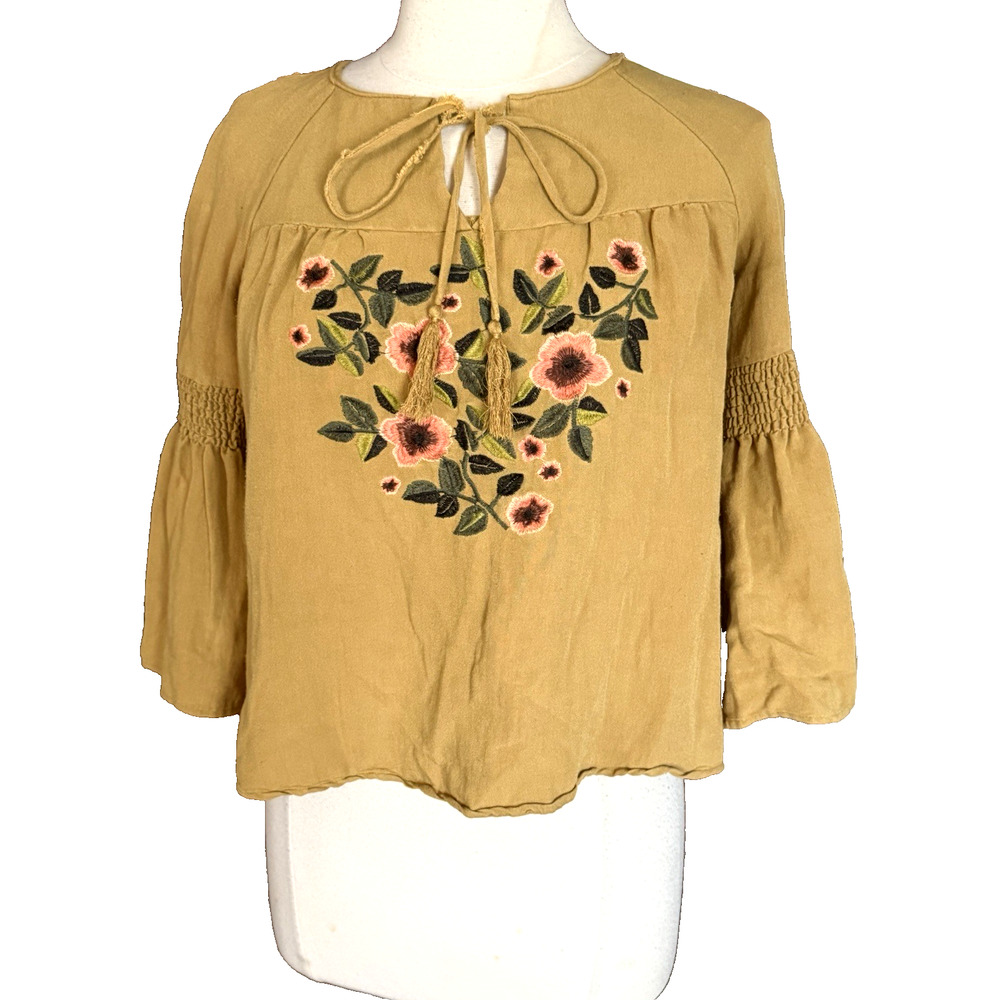 Polagram Cropped Blouse Top Sz S Embroidered Tassels Smocked 3/4 Sleeves Hippie